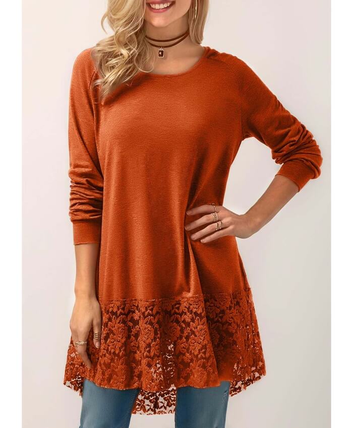 Hooded Collar Lace Panel Orange Blouse